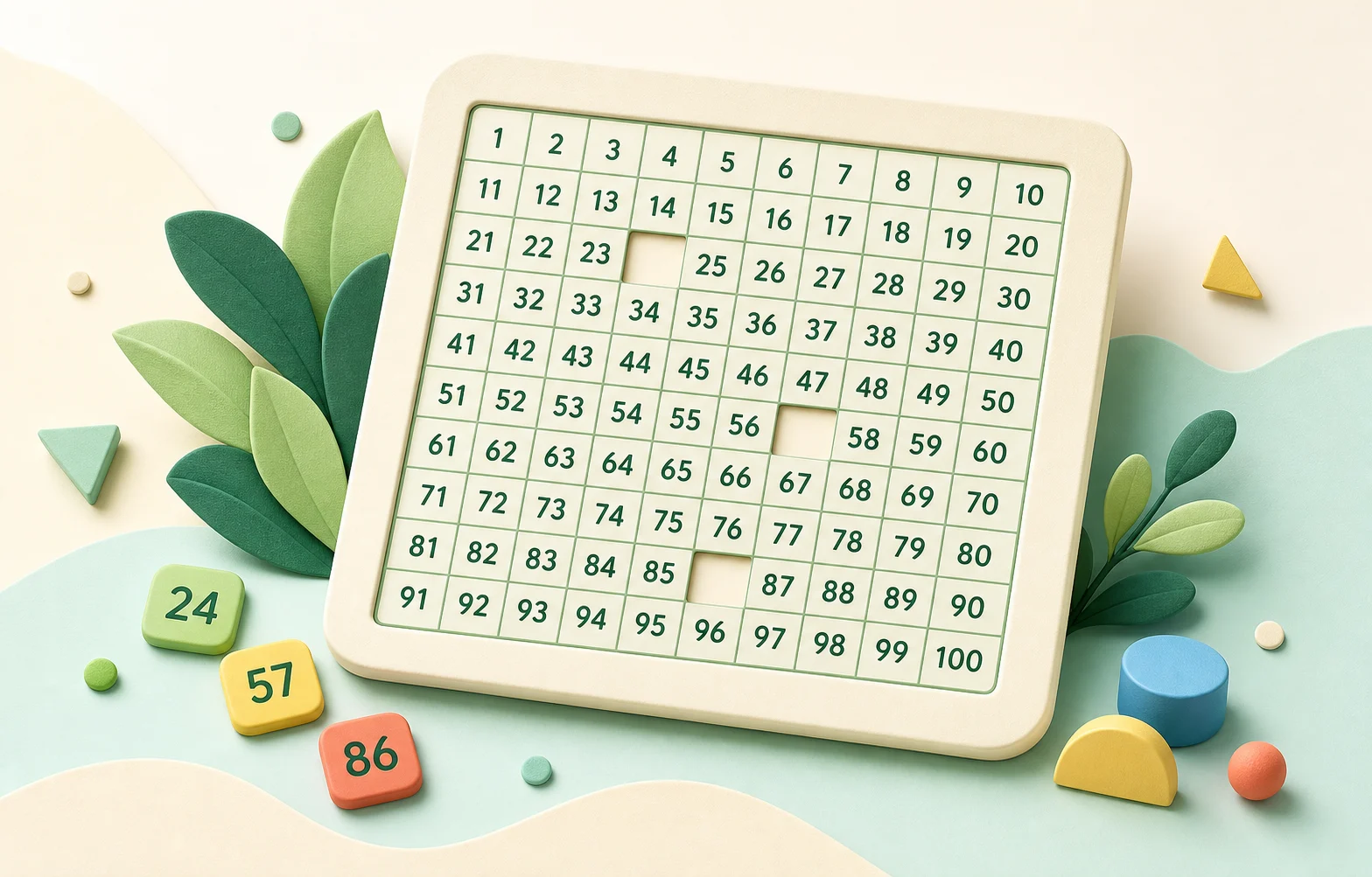 Complete hundreds chart image with numbers 1 to 100 in a 10 by 10 grid