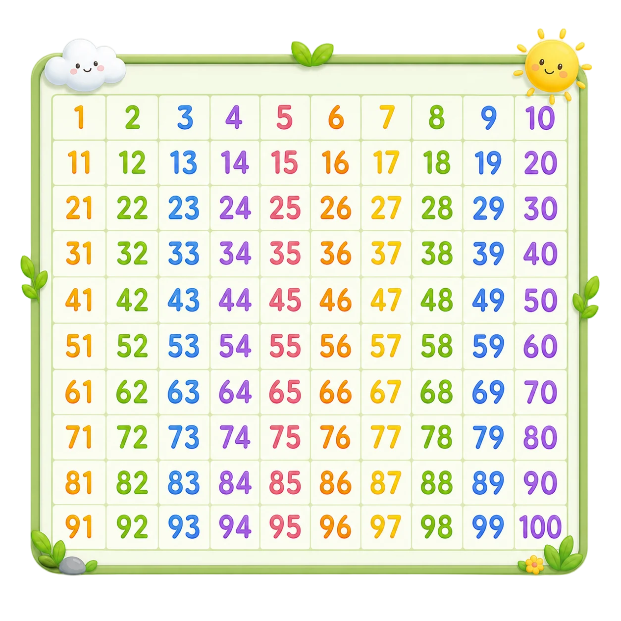 Complete hundreds chart image with numbers 1 to 100 in a 10 by 10 grid